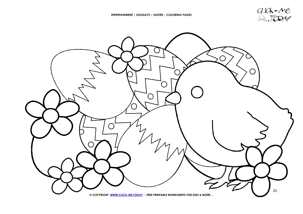 Easter Coloring Page: 25 Easter cute chick with eggs & flowers